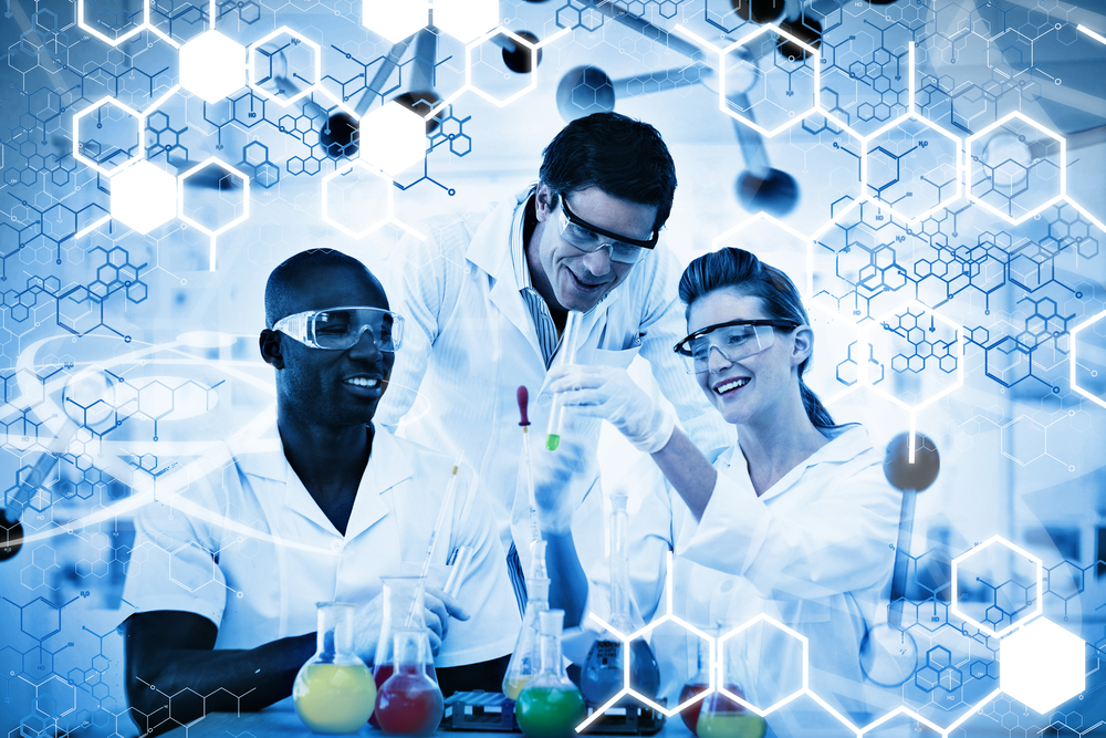 Science graphic against happy scientist examining test tube on digitally generated background Science graphic against happy scientist examining test tube on digitally generated background